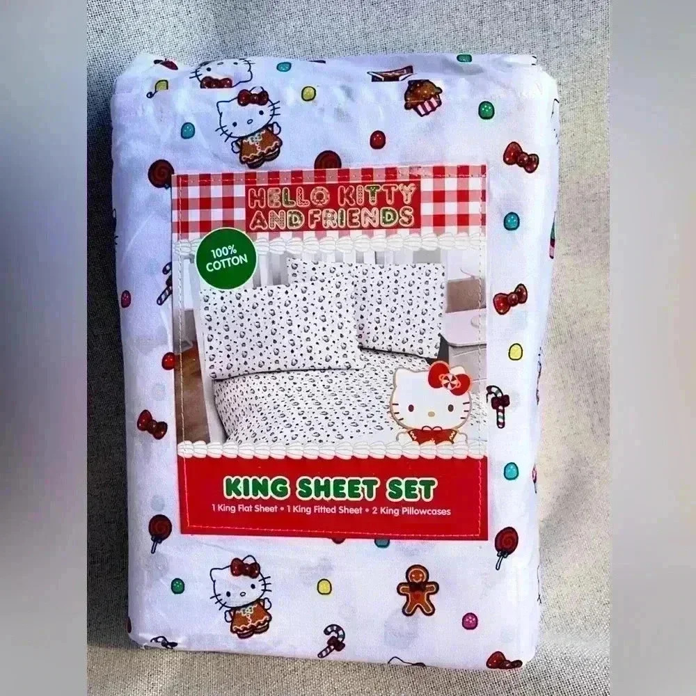 NEW! Hello Kitty Holiday Christmas King Size Sheets Lollipops Gingerbread House